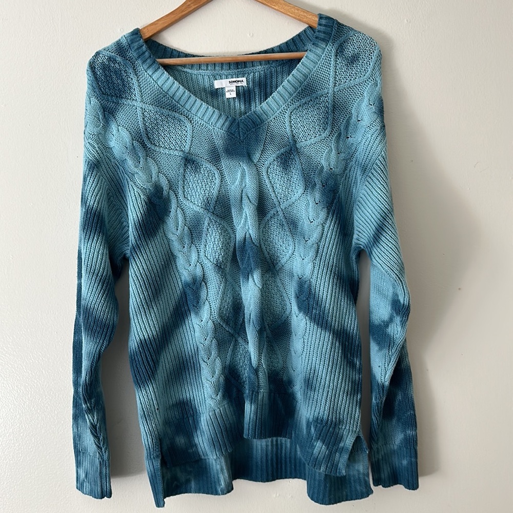 Sonoma Tie-Dye Blue Pullover V-Neck Cable Knit Sweater